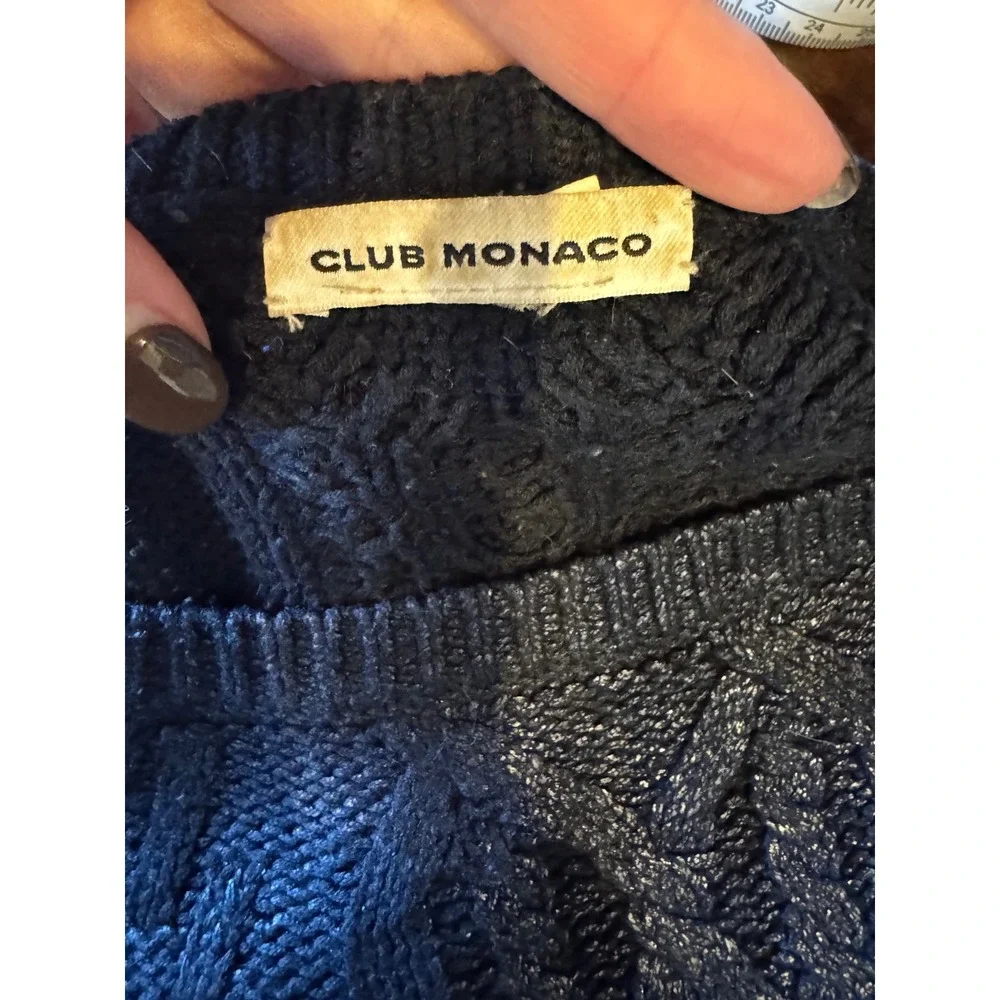 Club Monaco Sweater Women Medium Navy Blue Metallic Cable Knit Pullover Preppy‎